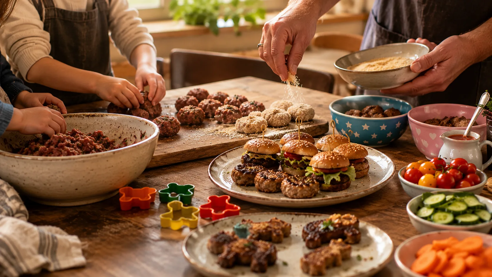 Dzieci lepią klopsiki z mielonej dziczyzny, na stole burgery, kotleciki, foremki do ciastek i warzywa