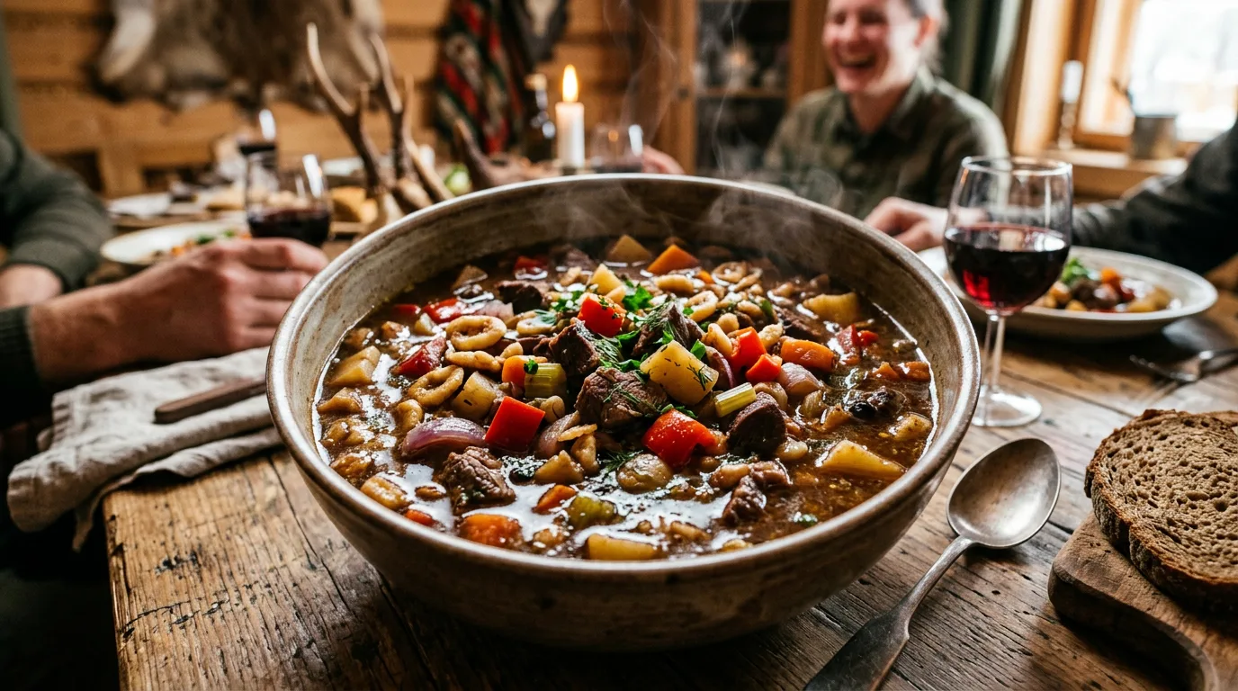Biesiadna zupa gulaszowa z dzika z zacierkami