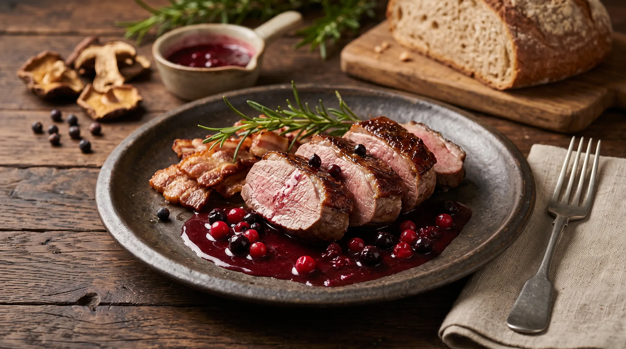 Comber z sarny pieczony na maśle z sosem porzeczkowym